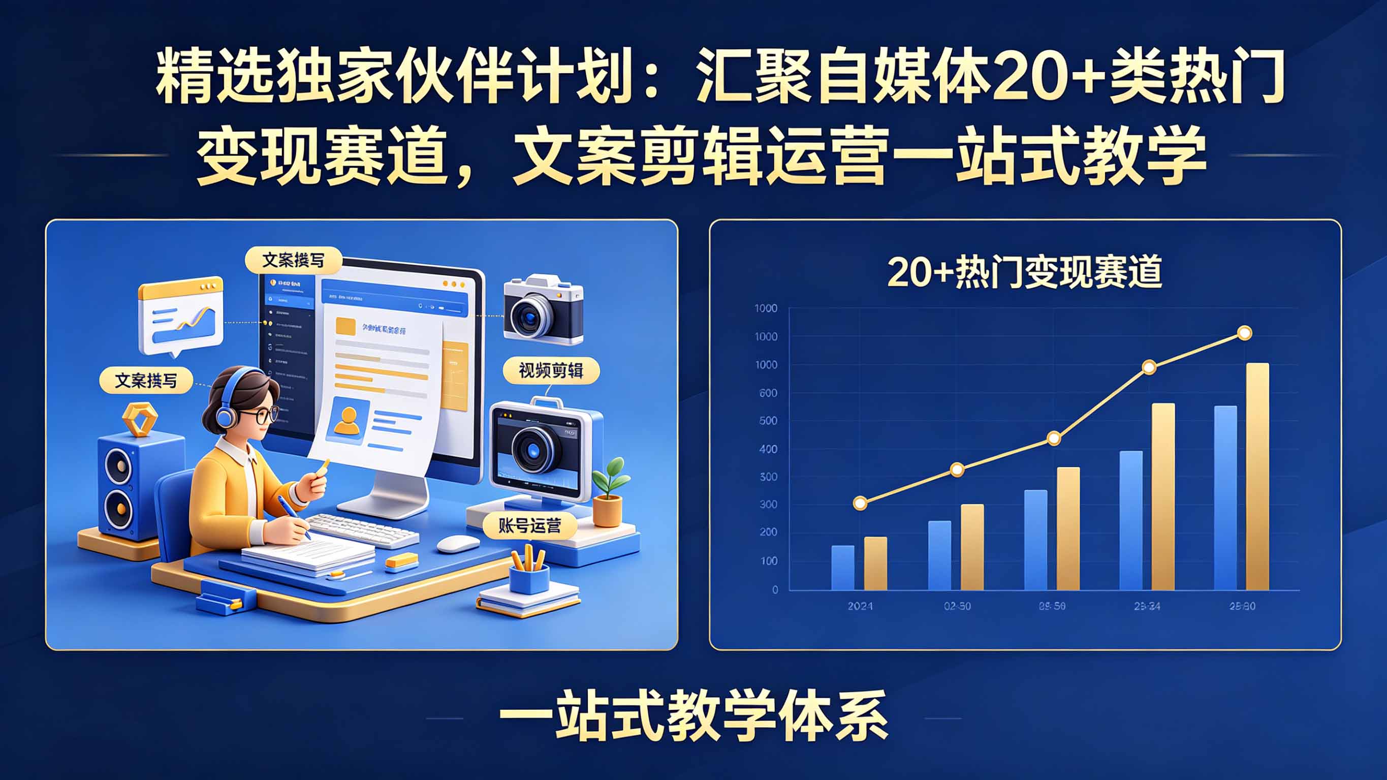 精选独家伙伴计划：汇聚自媒体20+类热门变现赛道，文案剪辑运营一站式教学-优优云
