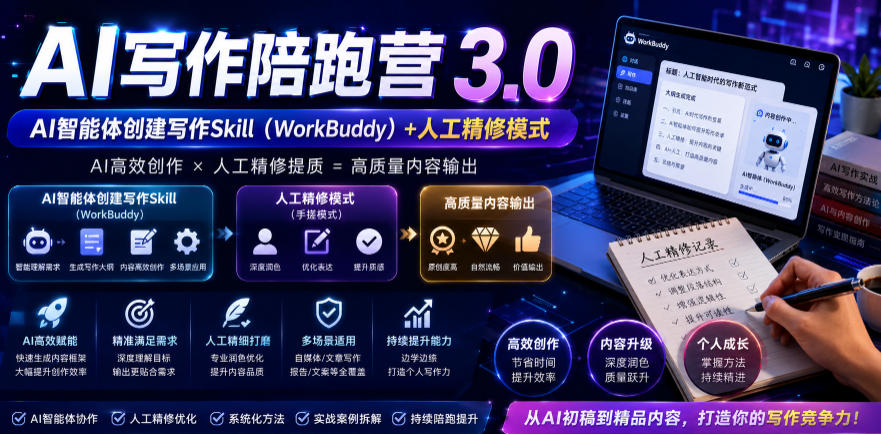 AI写作陪跑营3.0，Ai智能体创建写作skill(workbuddy)+人工手写模式(手搓模式)，去除AI痕迹(头条号、公众号、百家号)-优优云网创