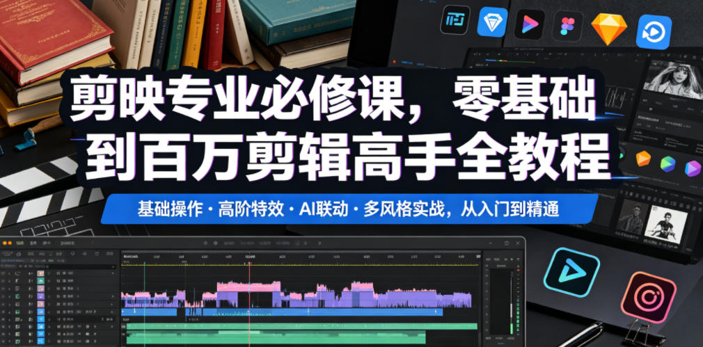剪映专业必修课，零基础到百万剪辑高手全教程，基础操作・高阶特效・AI联动・多风格实战，从入门到精通-优优云网创