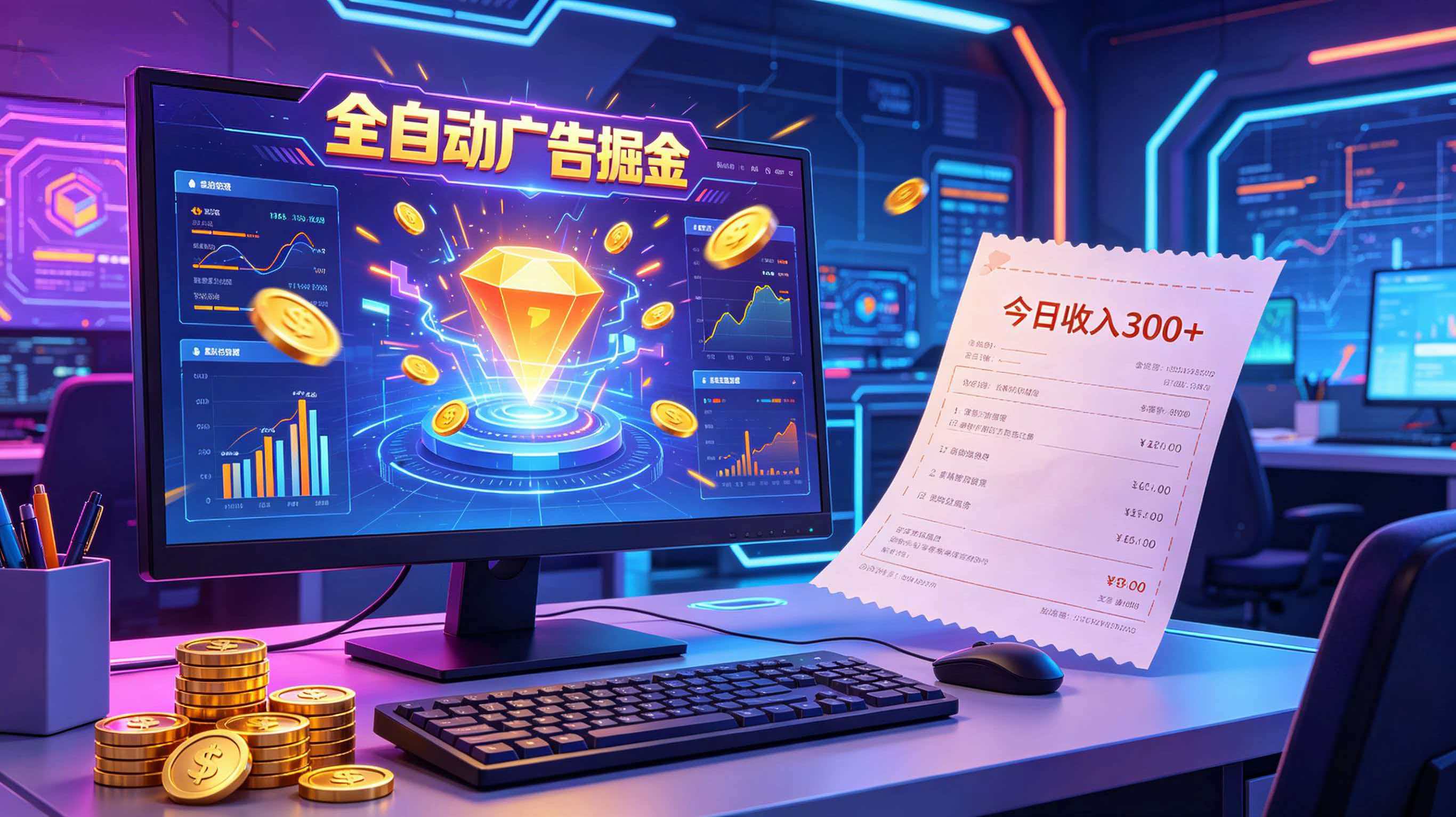 全自动广告掘金，日入300+。全程Ai自动化运行，解放双手，时间自由。收益稳定-优优云网创