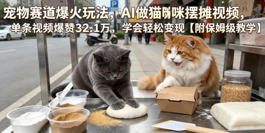 宠物赛道爆火玩法，AI做猫咪摆摊视频，单条视频爆赞32.1万，学会轻松变现【附保姆级教学】-优优云网创