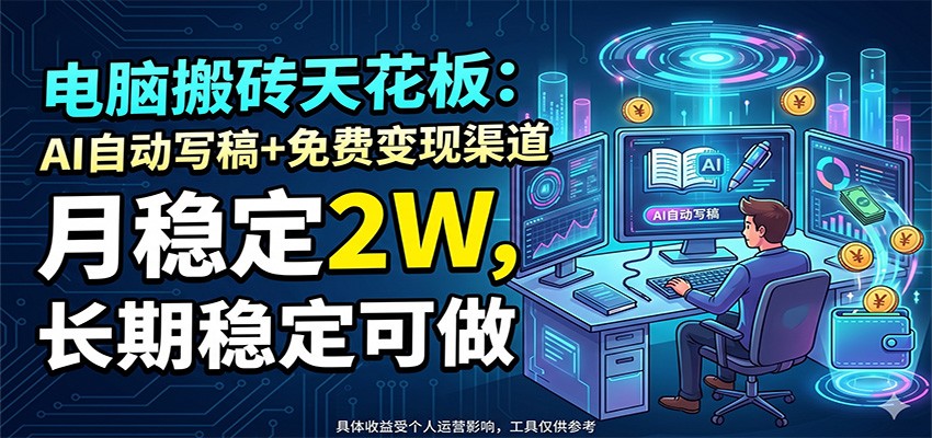 电脑搬砖天花板：AI自动写稿+免费变现渠道，月稳定2W，长期稳定可做-优优云网创