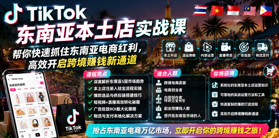 TikTok东南亚本土店实战课，帮你快速抓住东南亚电商红利，高效开启跨境賺钱新通道-优优云网创