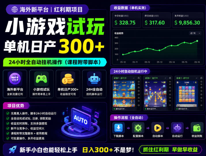 海外新平台，小游戏试玩，单机日产300+，24小时全自动挂G操作(课程附带脚本)【揭秘】-优优云网创