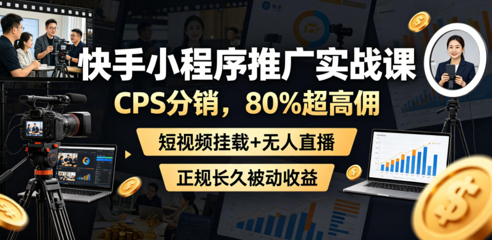 快手小程序推广实战课，CPS分销，80%超高佣，短视频挂载+无人直播，正规长久被动收益-优优云网创