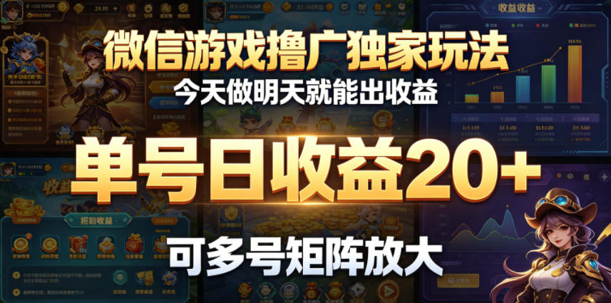 微信游戏撸广独家玩法，今天做明天就能出收益，单号日收益20+，可多号矩阵放大-优优云网创