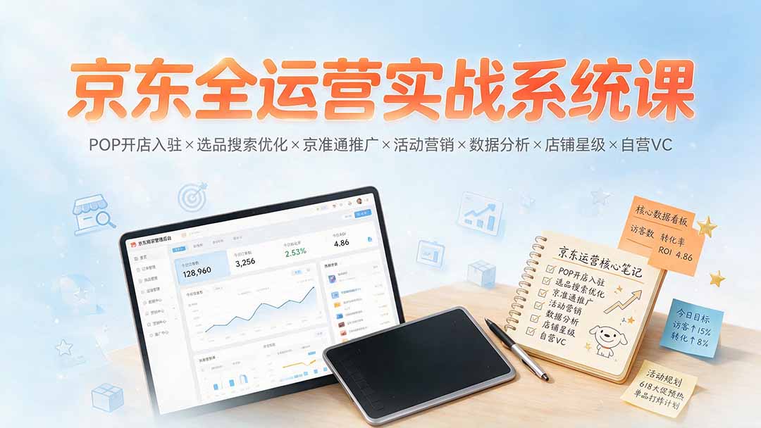京东全运营实战系统课：POP开店入驻×选品搜索优化×京准通推广×活动营销×数据分析×店铺星级×自营VC-优优云网创