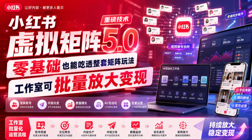 小红书虚拟矩阵5.0重磅技术，零基础也能吃透整套矩阵玩法，工作室可批量放大变现-优优云网创