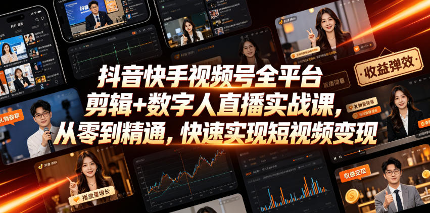 抖音快手视频号全平台剪辑+数字人直播实战课，从零到精通，快速实现短视频变现(更新2026年6月)​-优优云网创