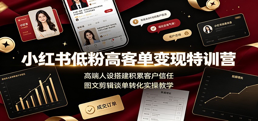 小红书低粉高客单变现特训营：高端人设搭建积累客户信任，图文剪辑谈单转化实操教学-优优云网创