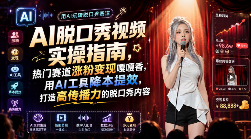 AI脱口秀视频实操指南，热门赛道涨粉变现嘎嘎香，用AI工具降本提效，打造高传播力的脱口秀内容-优优云网创