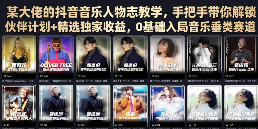 某大佬的抖音音乐人物志教学，手把手带你解锁伙伴计划+精选独家收益，0基础入局音乐垂类赛道-优优云网创