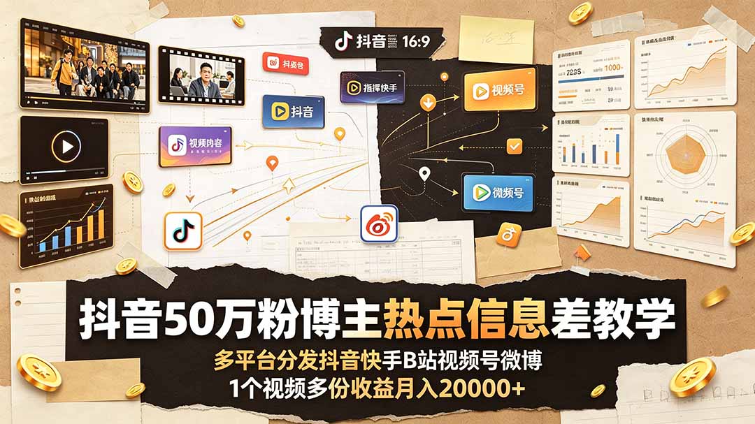 抖音50万粉博主热点信息差教学：多平台分发抖音快手B站视频号微博，1个视频多份收益月入20000+-优优云网创