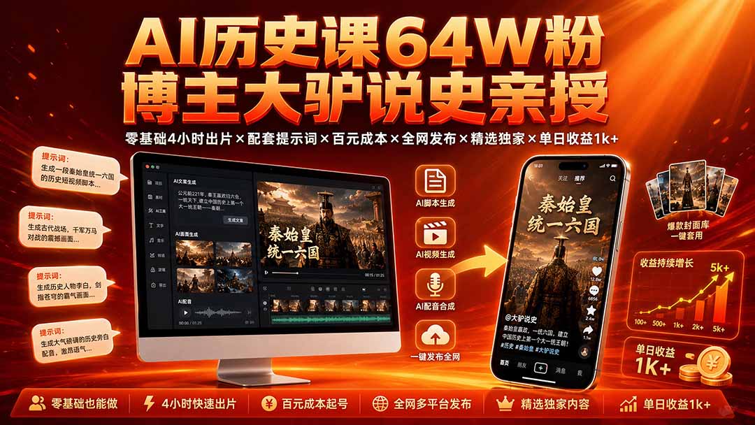 AI历史课64W粉博主大驴说史亲授：零基础4小时出片×配套提示词×百元成本×全网发布×精选独家×单日收益1k+-优优云网创
