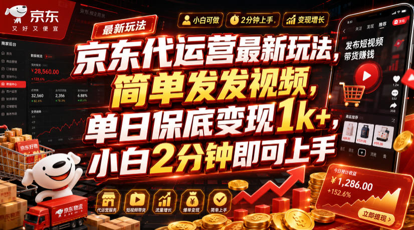 京东代运营最新玩法，简单发发视频，单日保底变现1k+，小白2分钟即可上手【揭秘】-优优云网创