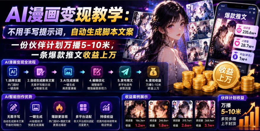 AI漫画变现教学：不用手写提示词，自动生成脚本文案，一份伙伴计划万播5-10米，一条爆款推文收益上W-优优云网创