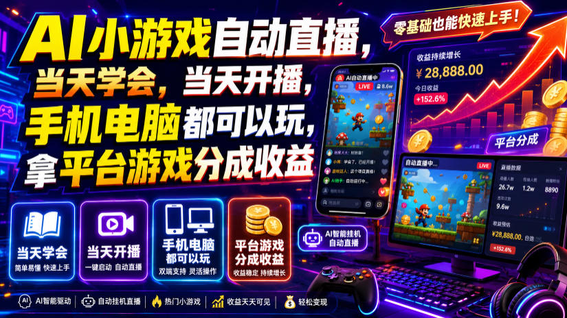 AI小游戏自动直播，当天学会，当天开播，手机电脑都可以玩，拿平台游戏分成收益-优优云网创