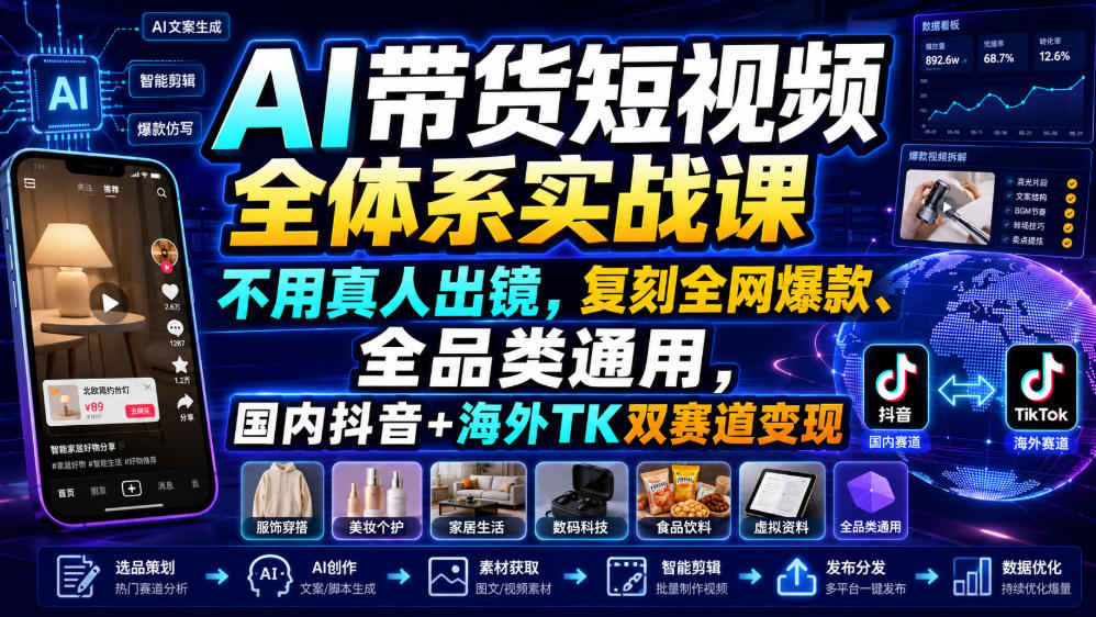 AI带货短视频全体系实战课，不用真人出镜，复刻全网爆款、全品类通用，国内抖音+海外TK双赛道变现-优优云网创
