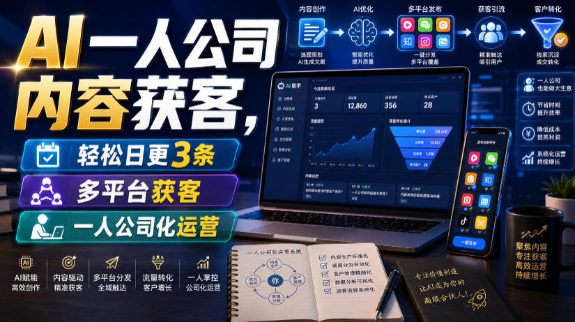 AI一人公司内容获客，轻松日更3条，多平台获客，一人公司化运营-优优云网创