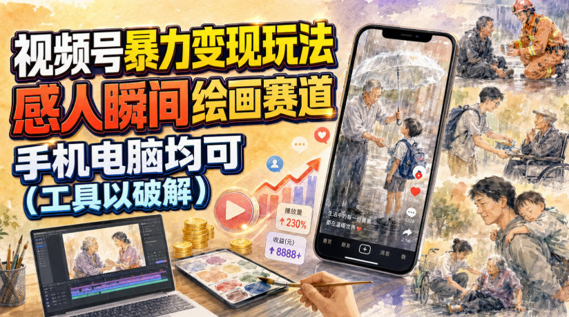 视频号暴力变现玩法，感人瞬间绘画赛道，手机电脑均可-优优云网创