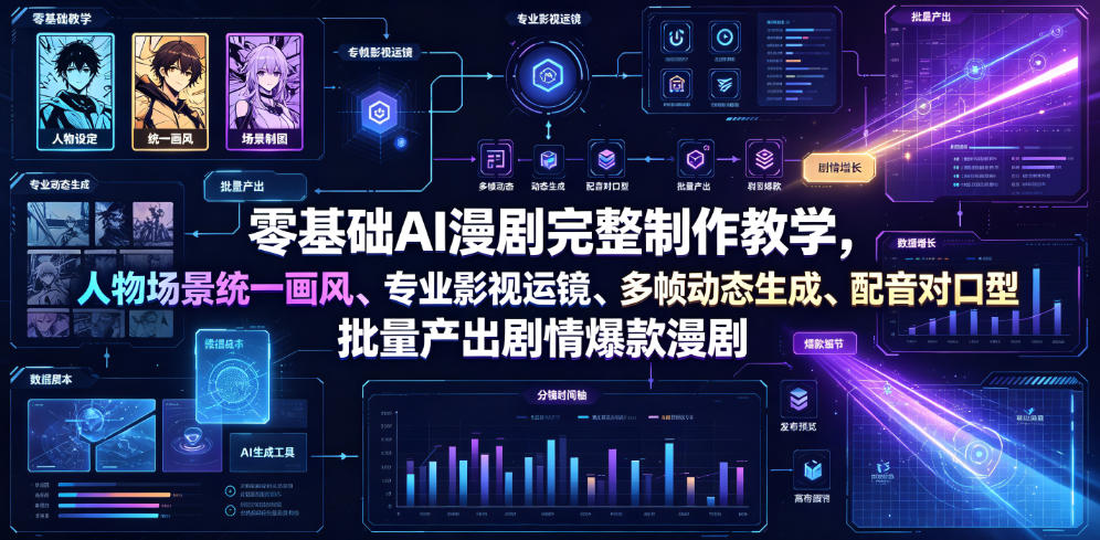 零基础AI漫剧完整制作教学，人物场景统一画风、专业影视运镜、多帧动态生成、配音对口型，批量产出剧情爆款漫剧-优优云网创