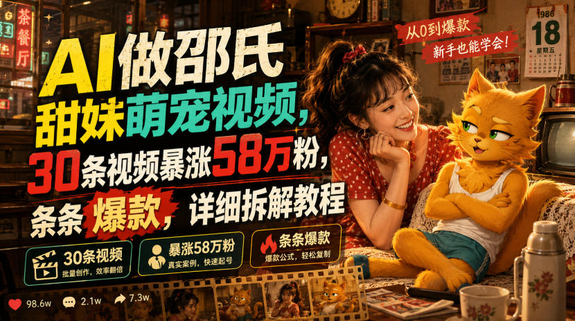 AI做邵氏甜妹萌宠视频，30条视频暴涨58万粉，条条爆款，详细拆解教程-优优云网创