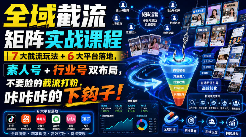 全域截流矩阵实战课程｜7大截流玩法+6大平台落地，素人号+行业号双布局，不要脸的截流打粉，咔咔咔的下钩子！-优优云网创