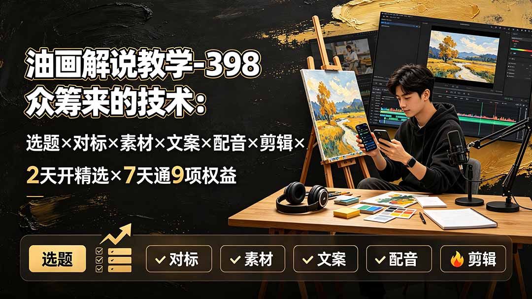 油画解说教学-398众筹来的技术：选题×对标×素材×文案×配音×剪辑×2天开精选×7天通9项权益-优优云网创