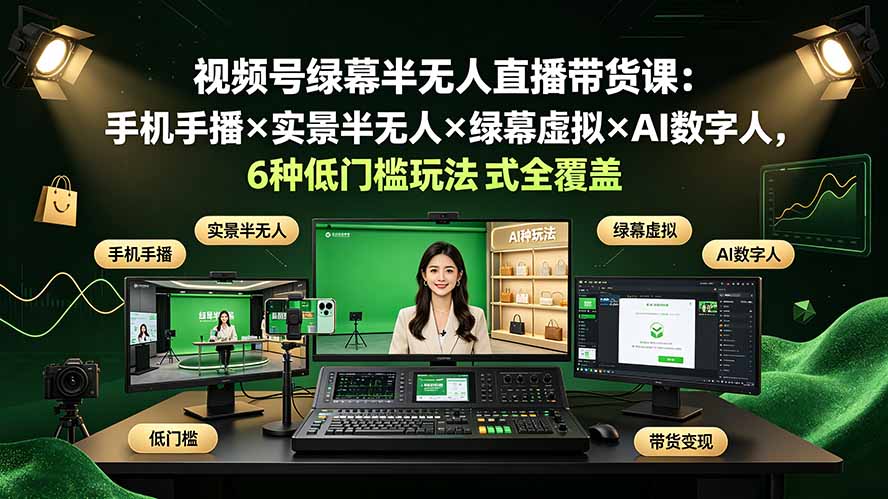 视频号绿幕半无人直播带货课：手机手播×实景半无人×绿幕虚拟×AI数字人，6种低门槛玩法全覆盖-优优云网创