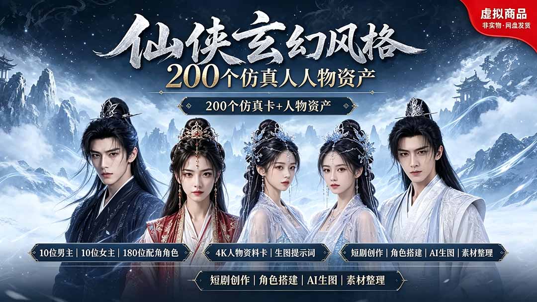 200个仙侠玄幻仿真人素材◆10男主×10女主×180配角，4K资料卡+AI生图提示词，漫剧必备-优优云网创