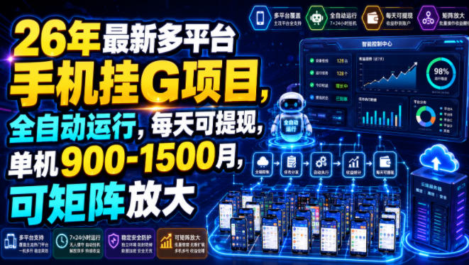 26年最新多平台手机挂G项目，全自动运行，每天可提现，单机900-1500月，可矩阵放大【揭秘】-优优云网创