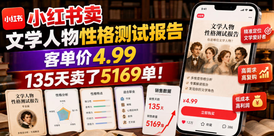 小红书卖文学人物性格测试报告，客单价4.99，135天卖了5169单！-优优云网创