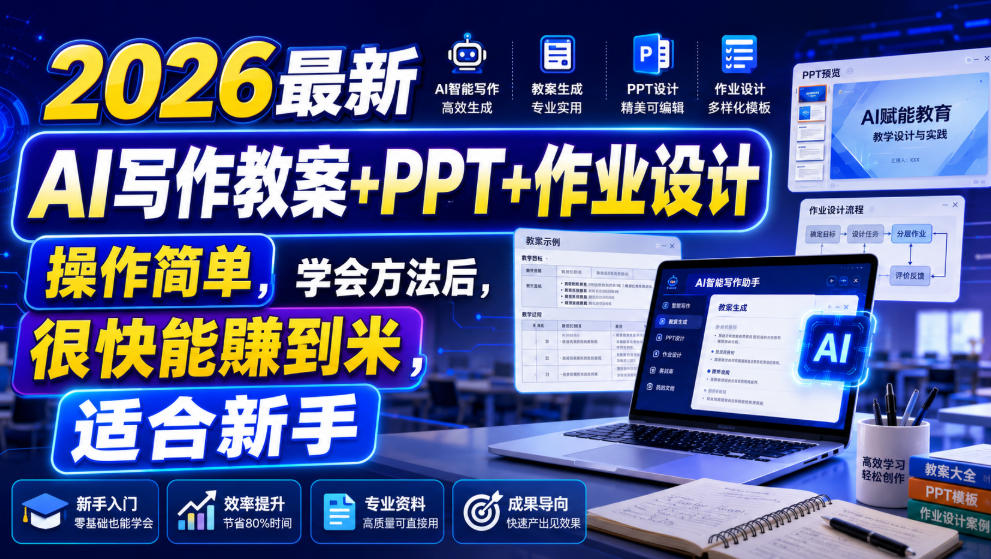 2026最新AI写作教案+PPT+作业设计，操作简单，学会方法后，很快能賺到米，适合新手-优优云网创