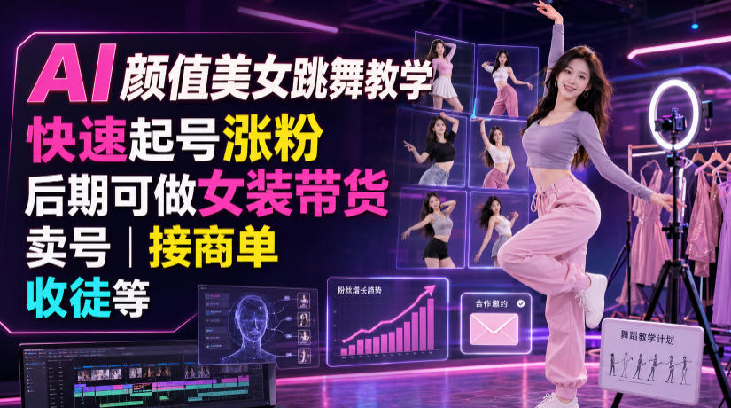 AI颜值美女跳舞教学，快速起号涨粉，后期可做女装带货，卖号，接商单，收徒等-优优云网创