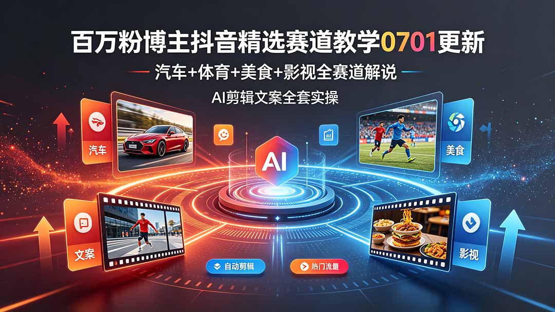 百万粉博主抖音精选赛道教学-0701更新，汽车+体育+美食+影视全赛道解说，AI剪辑文案全套实操-优优云网创