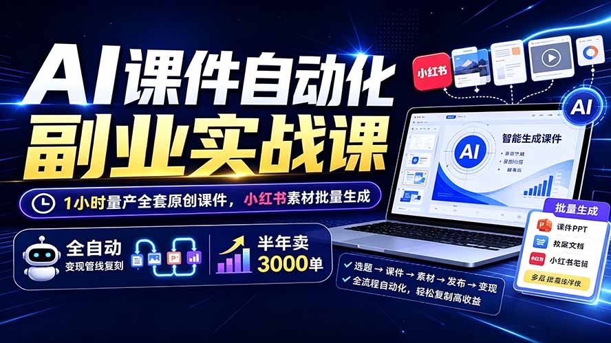 AI课件自动化副业实战课：1小时量产全套原创课件×小红书素材批量生成×全自动变现管线×半年卖3000单-优优云网创