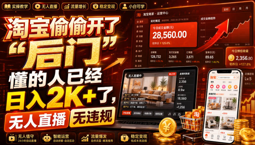 淘宝偷偷开了“后门”,懂的人已经日入2K+了,无人直播无违规,一台电脑=一家24小时营业的线上门店【揭秘】-优优云网创