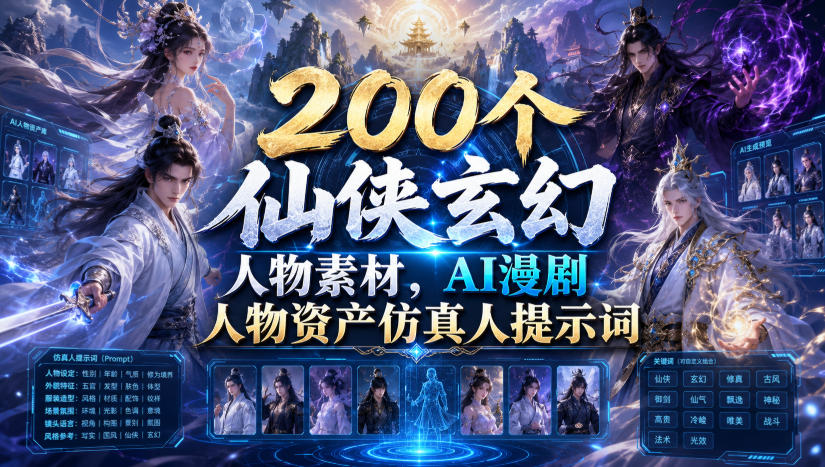 200个仙侠玄幻人物素材，AI漫剧人物资产仿真人提示词-优优云网创