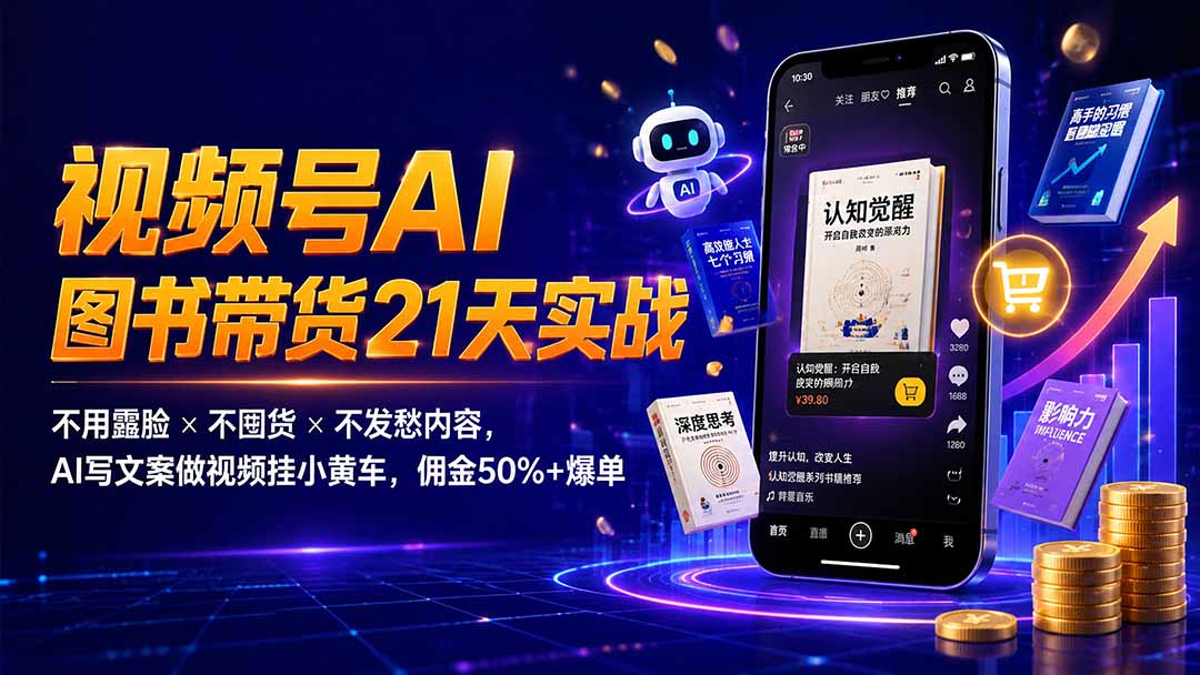 繁花视频号AI图书带货21天实战：不用露脸×不囤货×不发愁内容，AI写文案做视频挂小黄车，佣金50%+爆单-优优云网创