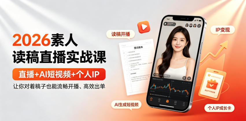 2026素人读稿直播实战课｜直播+AI短视频+个人IP，让你对着稿子也能流畅开播、高效出单-优优云网创