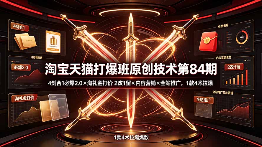 淘宝天猫打爆班原创技术第84期:4剑合1必爆2.0×淘礼金打价×2改1留×内容营销×全站推广,1款4术拉爆-优优云网创