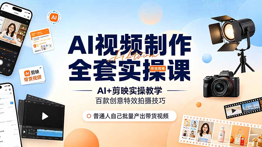 AI视频制作全套实操课，多款AI工具搭配剪映教学，百种特效运镜拍摄实操，抖音账号带货运营全覆盖-优优云网创