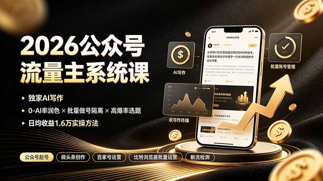 2026公众号流量主系统课:独家AI写作×0-AI率润色×批量做号隔离×高爆率选题,日均收益1.6万实操方法-优优云网创
