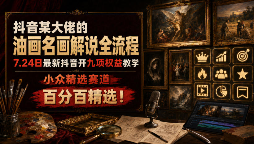 抖音某大佬的油画名画解说全流程，7.24日最新抖音开九项权益教学，小众精选赛道，百分百精选！-优优云网创