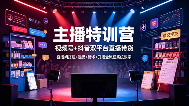 主播特训营：视频号+抖音双平台直播带货，直播间搭建+选品+话术+开播全流程系统教学-优优云网创