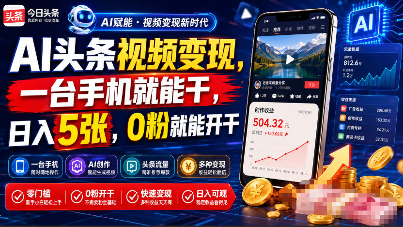 AI头条视频变现,一台手机就能干,日入5张,0粉就能开干-优优云网创