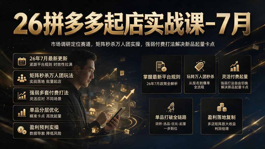 26拼多多起店实战课-7月｜市场调研定位赛道，矩阵秒杀万人团实操，强弱付费打法解决新品起量卡点-优优云网创