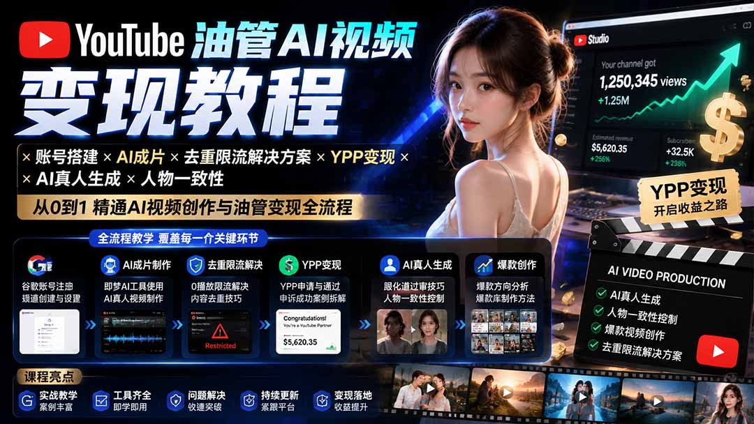 YouTube油管AI视频变现教程：账号搭建×AI成片×去重限流解决方案×YPP变现×AI真人生成×人物一致性-优优云网创