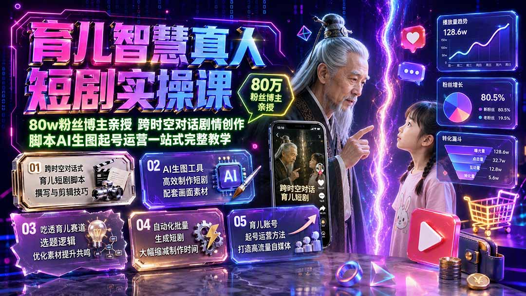 育儿智慧真人短剧实操课｜80w粉丝博主亲授，跨时空对话剧情创作，脚本AI生图起号运营一站式完整教学-优优云网创