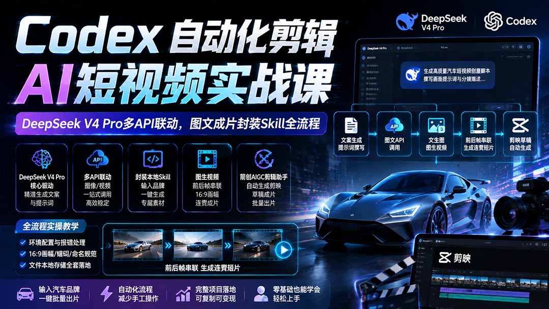 Codex自动化剪辑AI短视频实战课｜DeepSeek V4 Pro多API联动，图文成片封装Skill全流程-优优云网创